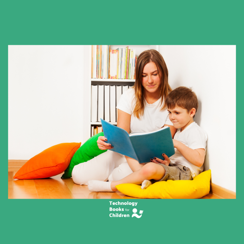 Parent and child reading a technology themed book