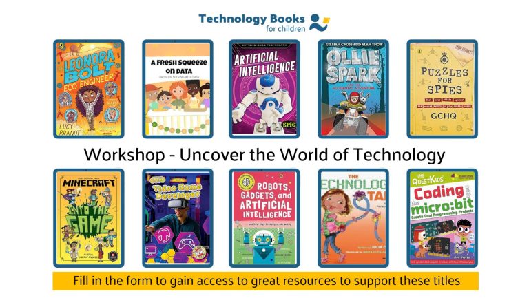 A collection of ten diverse technology-themed children's books, prominently featuring titles like "Leonora Bolt: Eco Engineer," "Artificial Intelligence," "Ollie Spark," "Minecraft: At the Game," "Video Game Developer," "Robots, Gadgets, and Artificial Intelligence," "The Technology Tail," and "The Quest Kids: Coding Micro:bit."