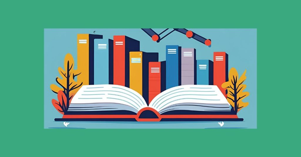 Illustration of a robot arm hovering over colourful books and an open book, symbolising children's reading and technology.