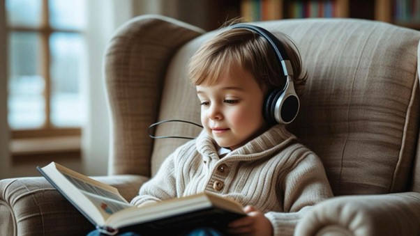 A boy with headphones on sits in a cozy armchair, holding a physical book while listening to an audiobook.