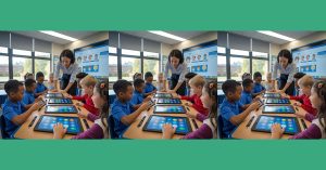 A teacher assists a group of diverse elementary school students using tablets and educational apps to support different learning styles and needs in a classroom setting