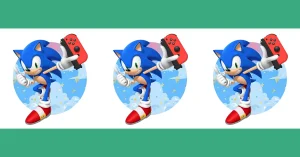 Three identical images of Sonic the Hedgehog. Sonic is shown running and giving a thumbs-up while holding a red Nintendo Switch Joy-Con controller. The background is a blue sky with stars and clouds.