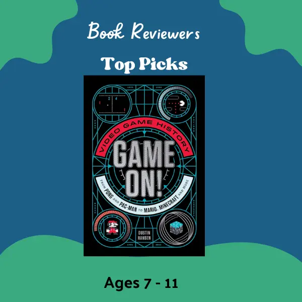 The book cover for "Game On! A Video Game History" by Dustin Hansen. The cover is black with a red and white circuit board design featuring images of classic video games and consoles like Pong, Pac-Man, and Mario.