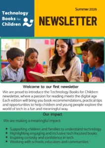 Children reading a technology book with teacher in classroom featured in Summer 2026 Technology Books for Children newsletter