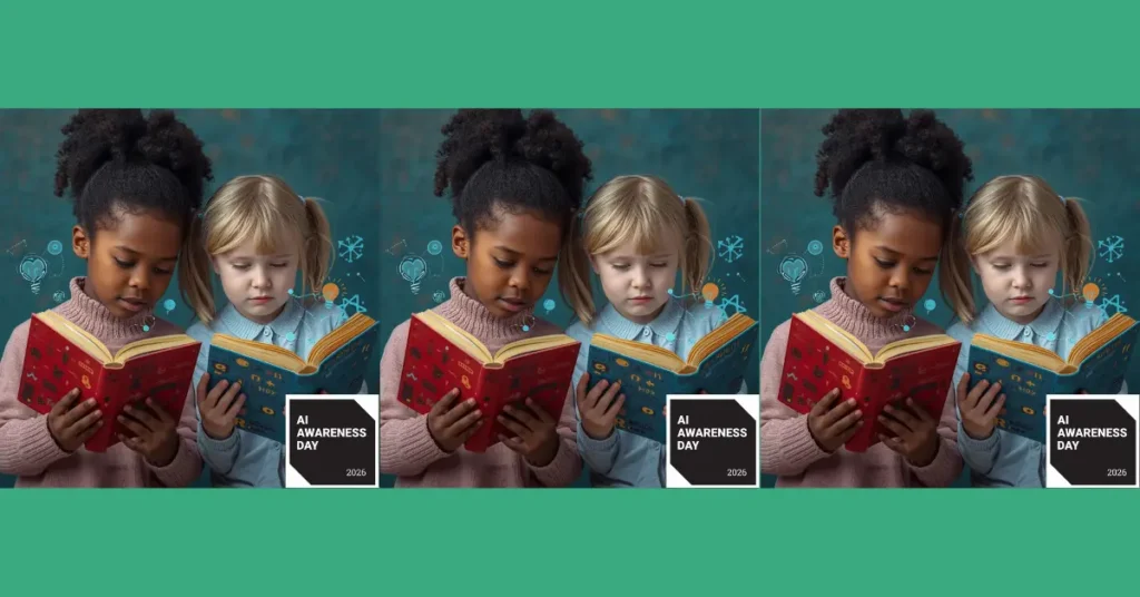 Children reading technology-themed books with AI icons representing digital learning and AI awareness