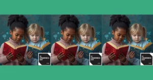 Children reading technology-themed books with AI icons representing digital learning and AI awareness