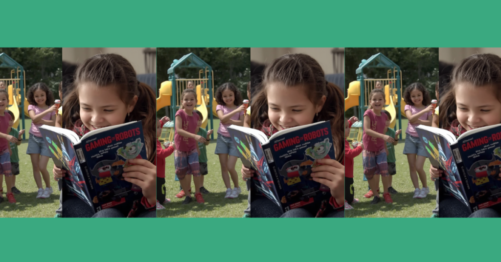 A young student smiling while reading a tech-themed book titled "Gaming and Robots" on a school playground, illustrating the connection between pupil interests and reading.