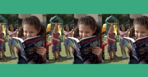 A young student smiling while reading a tech-themed book titled "Gaming and Robots" on a school playground, illustrating the connection between pupil interests and reading.