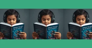 A young student wearing headphones and reading a physical book titled "Through the Lens: An XR Mission," illustrating the pairing of audio and text to build reading confidence.