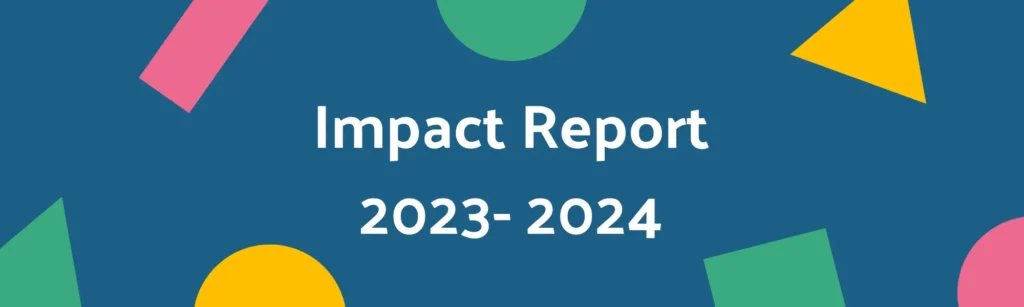 Technology Books for Children 2023–2024 Impact Report cover graphic featuring colourful geometric shapes and branding focused on children’s technology literacy, STEM education and reading for pleasure.
