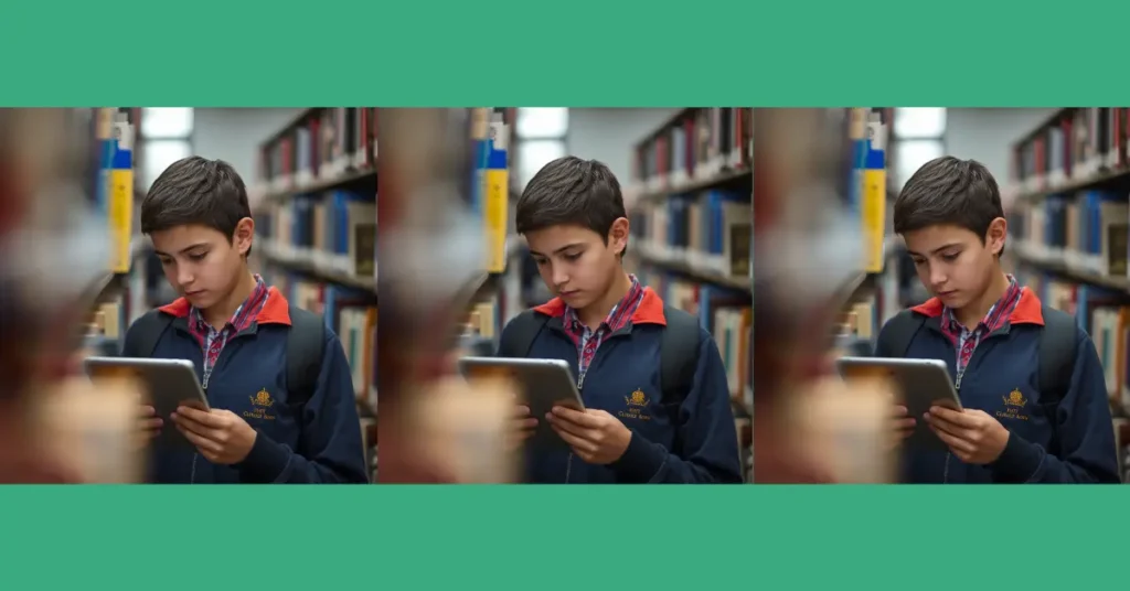 Young person using a tablet in a library to support reading confidence and literacy