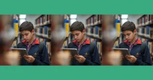 Young person using a tablet in a library to support reading confidence and literacy