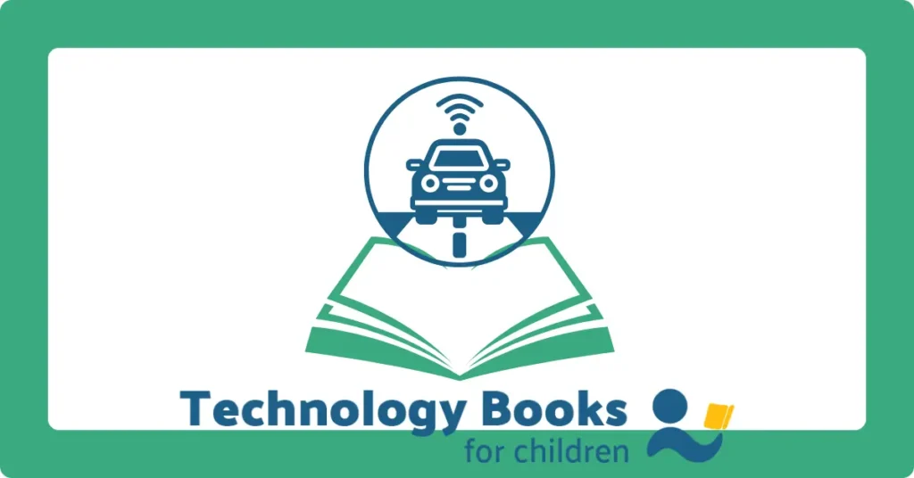 Open book with self-driving car icon for Technology Books for Children charity partnership