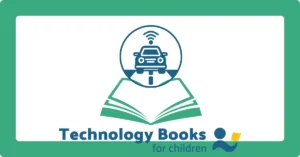 Open book with self-driving car icon for Technology Books for Children charity partnership